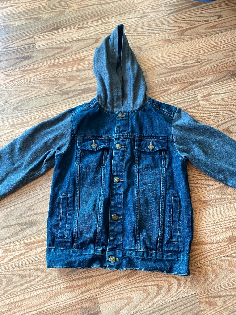 Kids Two-Tone Denim Hooded Snap Front Jacket - Blue & Gray-Medium Back To School